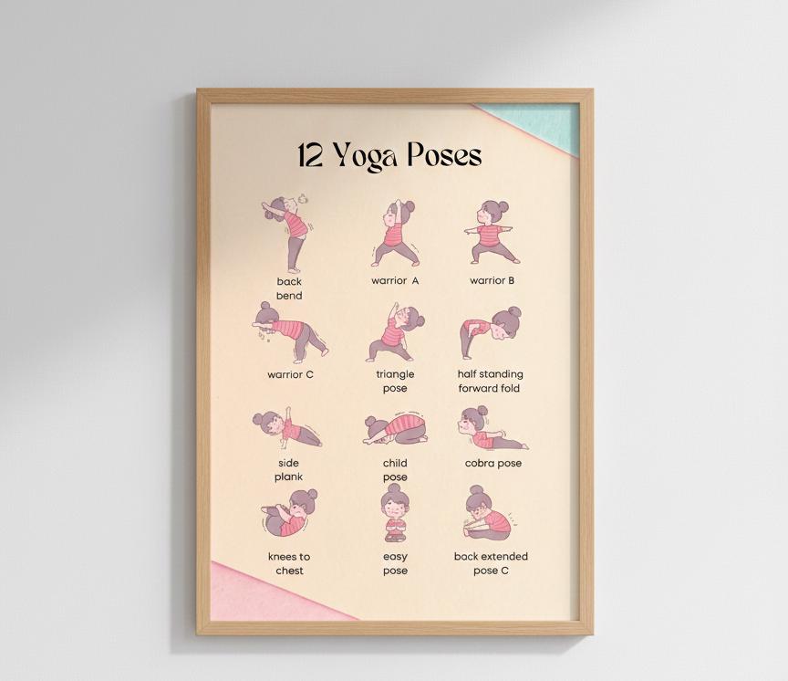 12 Yoga Poses poster | Rolled Poster, illustrated yoga pose chart