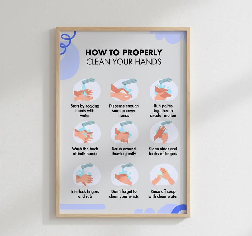Handwashing Steps Rolled Poster | How to Properly Clean Your Hands, Hygiene Instruction Chart