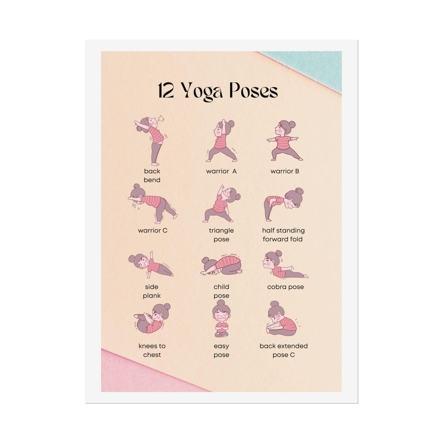 12 Yoga Poses poster | Rolled Poster, illustrated yoga pose chart
