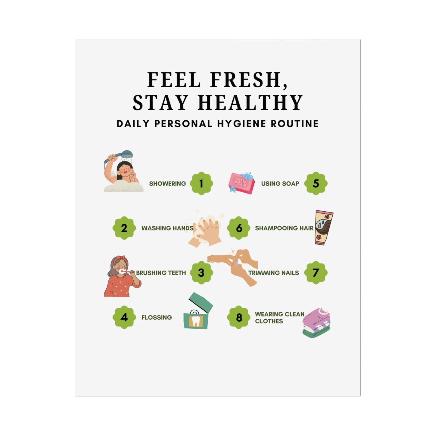 Personal Hygiene Routine Rolled Poster | Feel Fresh Stay Healthy Wall Art