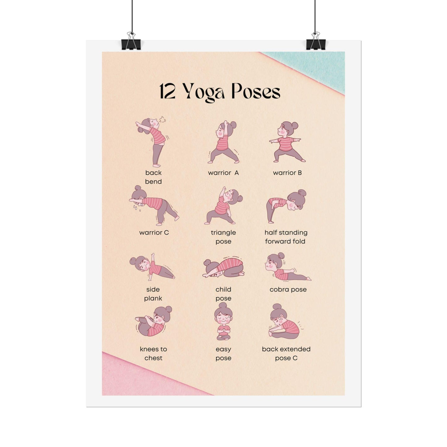 12 Yoga Poses poster | Rolled Poster, illustrated yoga pose chart