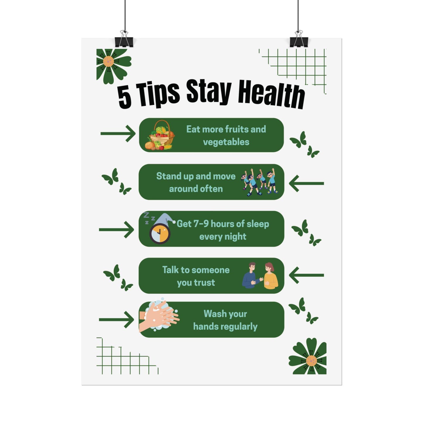 5 Tips Stay Healthy Rolled Poster | Wellness Tips Educational Wall Art