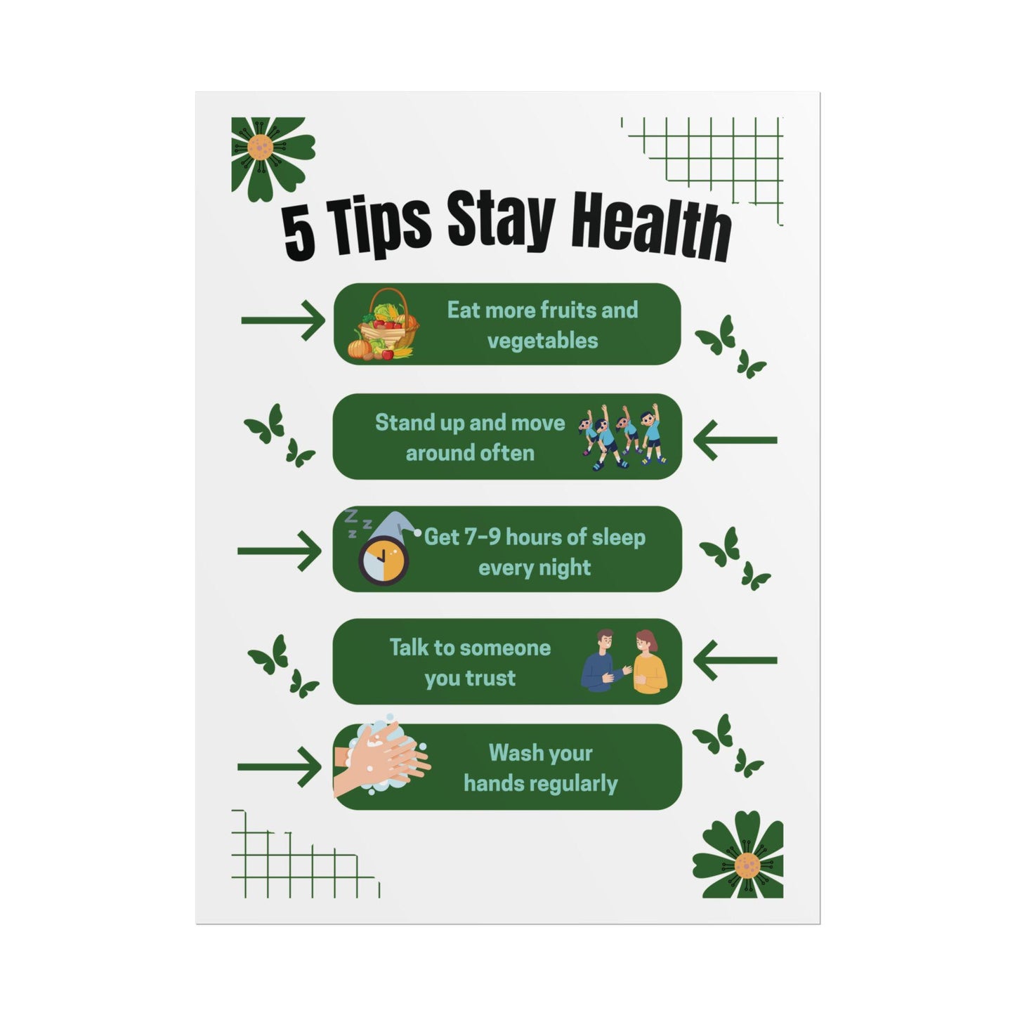 5 Tips Stay Healthy Rolled Poster | Wellness Tips Educational Wall Art