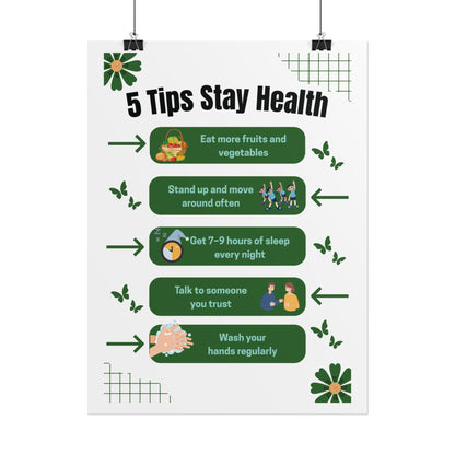 5 Tips Stay Healthy Rolled Poster | Wellness Tips Educational Wall Art