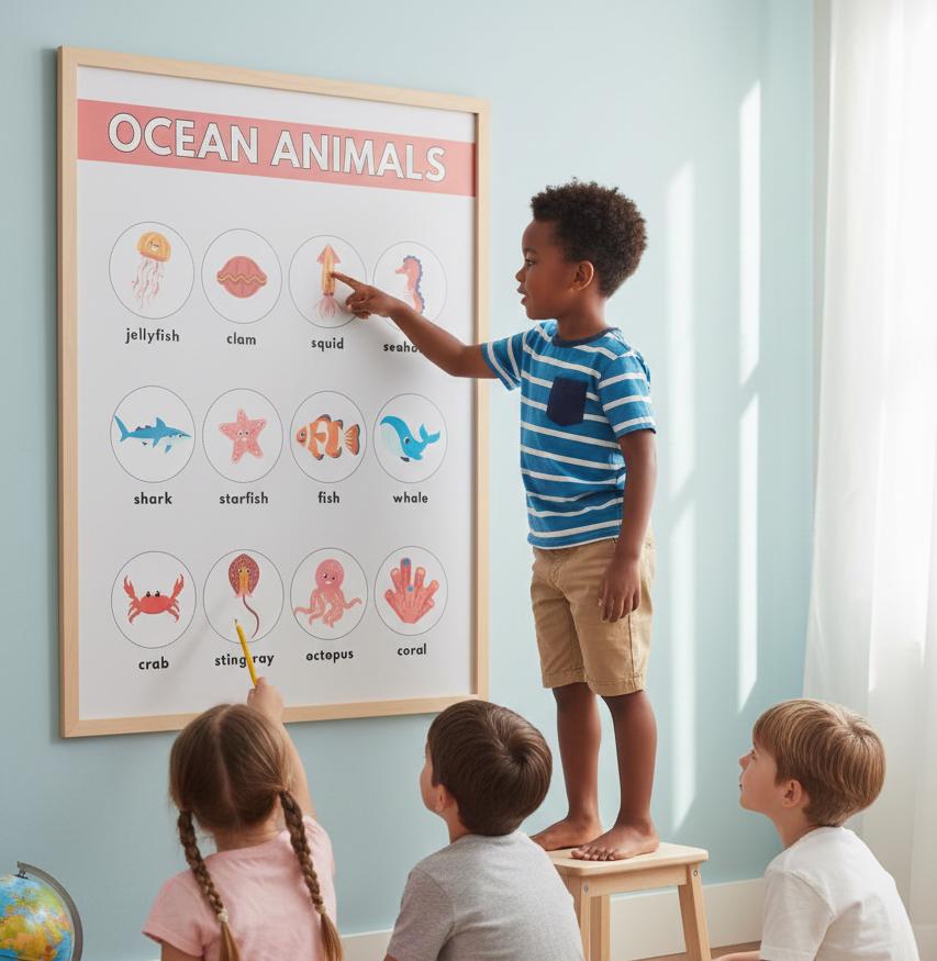 Ocean Animals Rolled Poster | Nursery Educational Wall Art, Marine Creature Chart