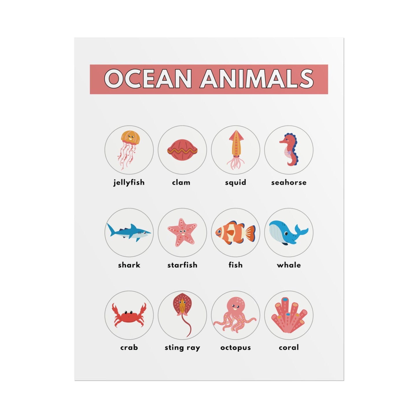 Ocean Animals Rolled Poster | Nursery Educational Wall Art, Marine Creature Chart