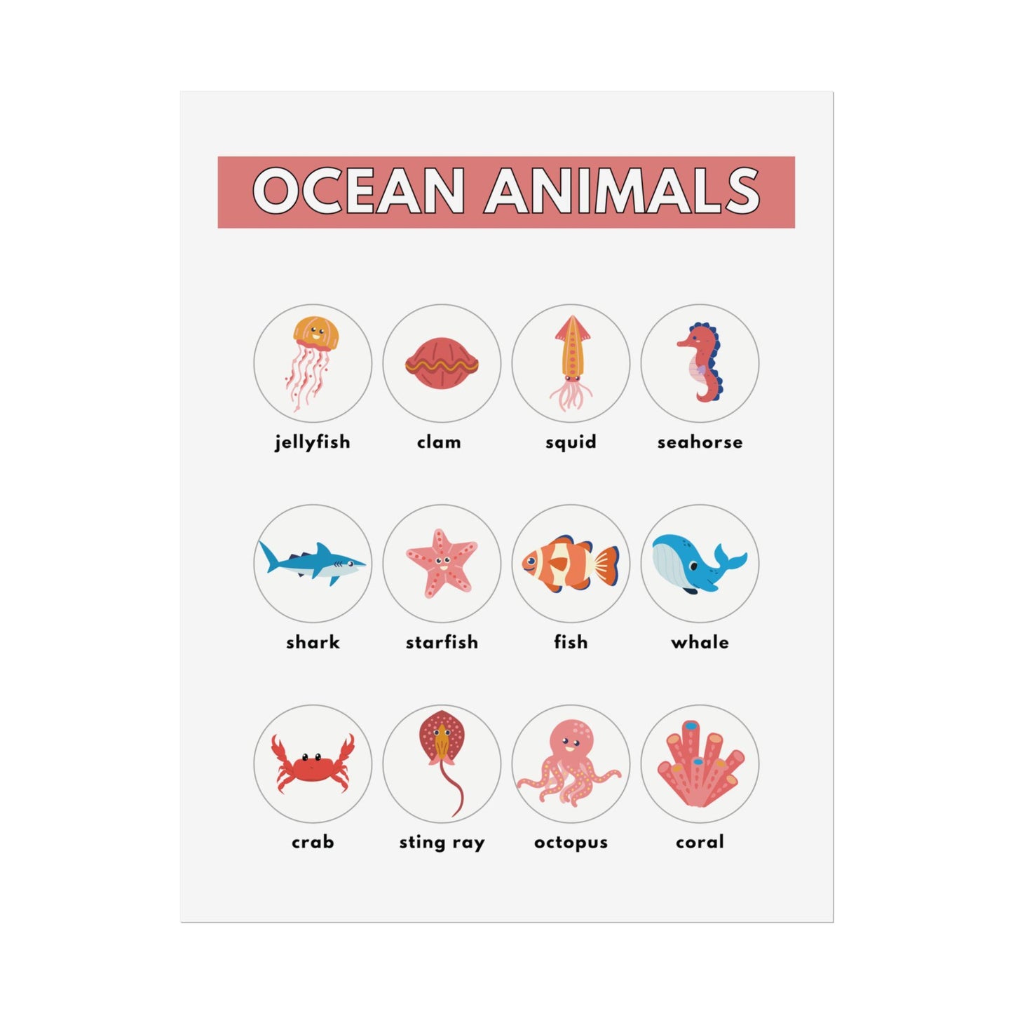 Ocean Animals Rolled Poster | Nursery Educational Wall Art, Marine Creature Chart