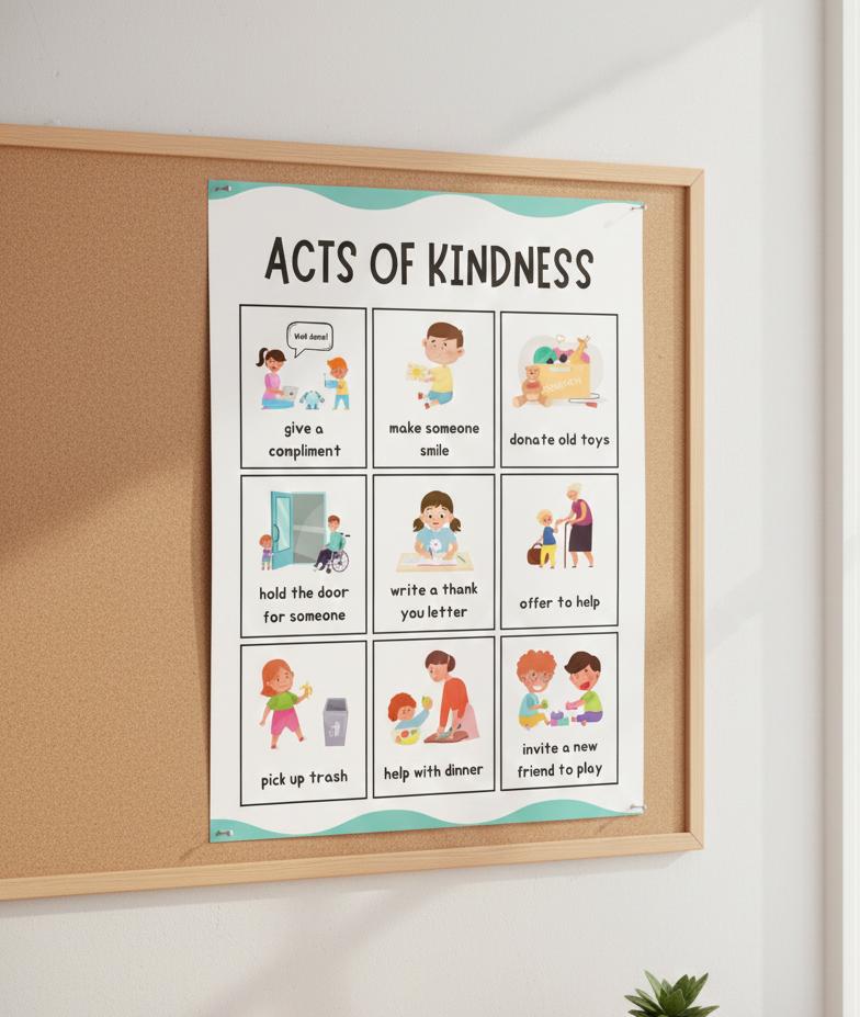 Acts of Kindness Poster Rolled Posters | Classroom Positive Behavior Chart | Friendly Illustrations Outline Simple Acts of Kindness