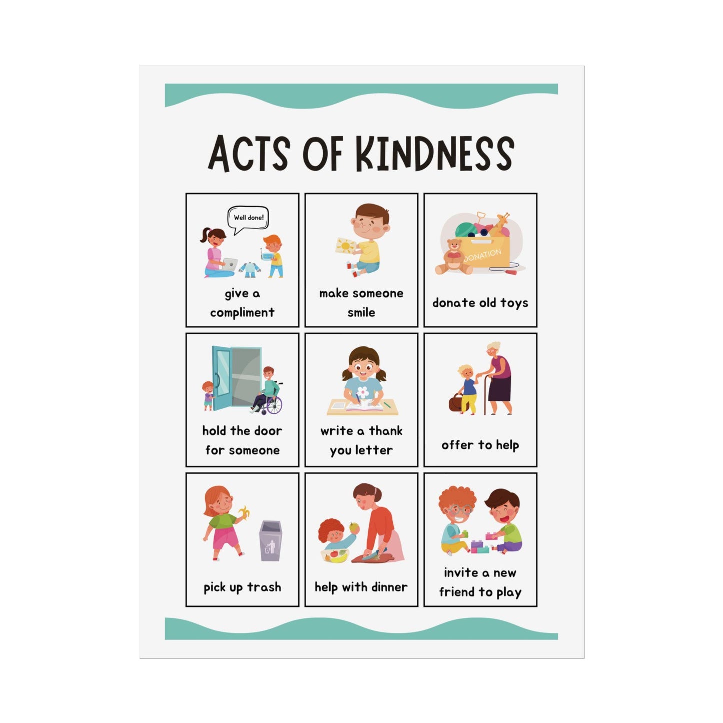 Acts of Kindness Poster Rolled Posters | Classroom Positive Behavior Chart | Friendly Illustrations Outline Simple Acts of Kindness