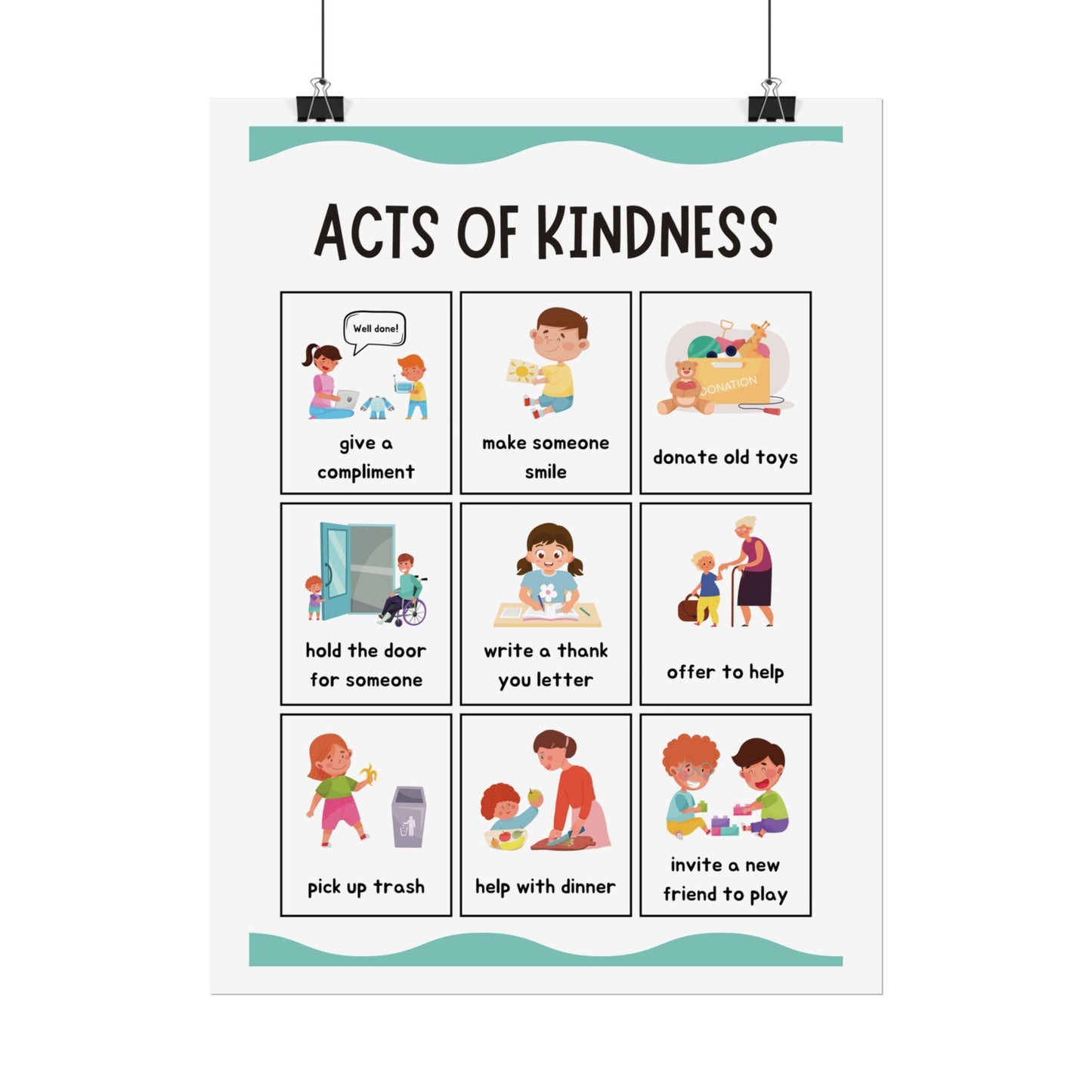 Acts of Kindness Poster Rolled Posters | Classroom Positive Behavior Chart | Friendly Illustrations Outline Simple Acts of Kindness