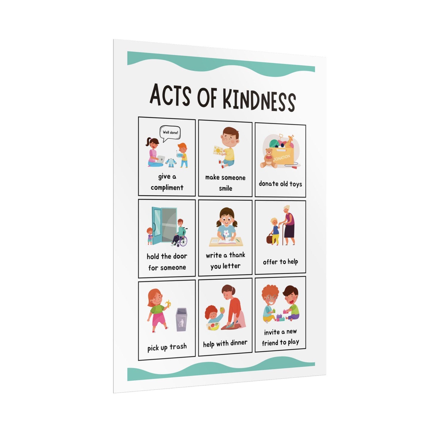 Acts of Kindness Poster Rolled Posters | Classroom Positive Behavior Chart | Friendly Illustrations Outline Simple Acts of Kindness