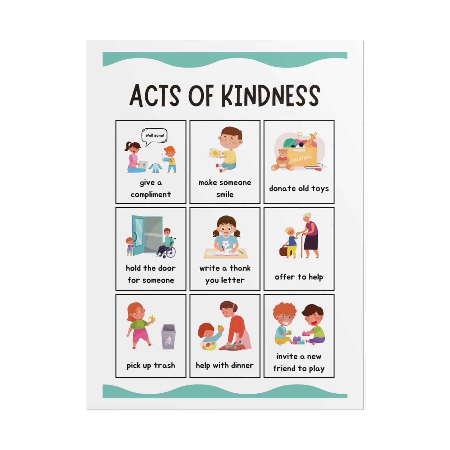 Acts of Kindness Poster Rolled Posters | Classroom Positive Behavior Chart | Friendly Illustrations Outline Simple Acts of Kindness