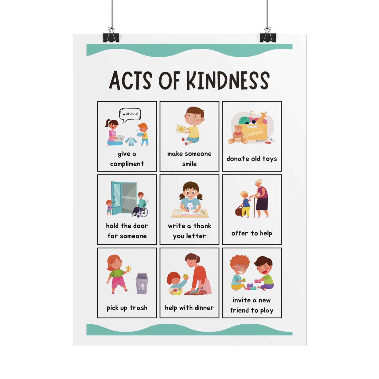 Acts of Kindness Poster Rolled Posters | Classroom Positive Behavior Chart | Friendly Illustrations Outline Simple Acts of Kindness