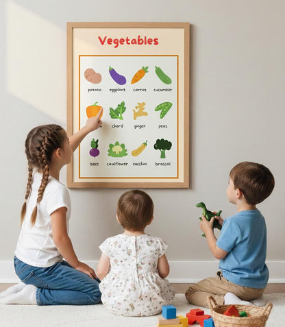 Vegetables educational poster Rolled Poster | Kids kitchen nursery print | Bright, Playful Vegetable Poster