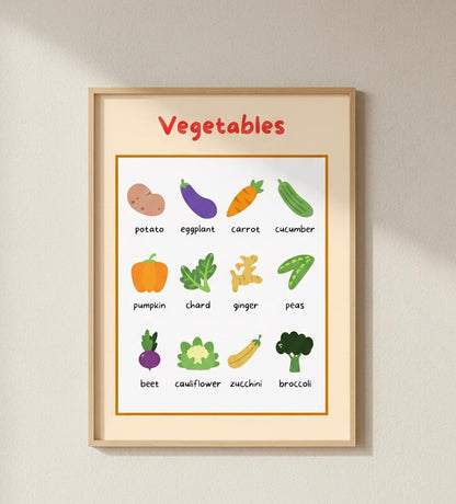 Vegetables educational poster Rolled Poster | Kids kitchen nursery print | Bright, Playful Vegetable Poster