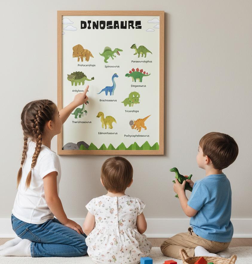 Dinosaur Illustration Rolled Poster | Kids Room Wall Art, Educational Print |  Rolled Poster Brings A Tiny Museum of Dinosaurs