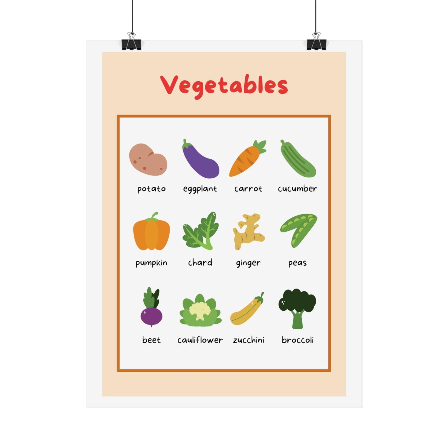 Vegetables educational poster Rolled Poster | Kids kitchen nursery print | Bright, Playful Vegetable Poster