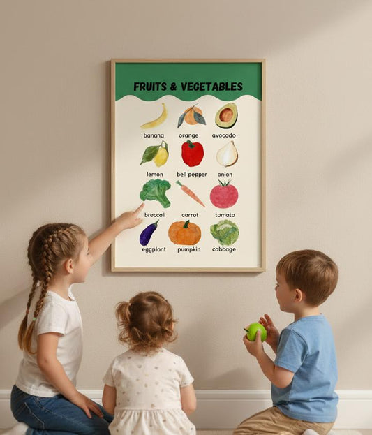 Fruits & Vegetables Poster Rolled Posters | Kitchen Produce Wall Art | Cheerful Watercolor Fruits and Vegetables Rolled Poster