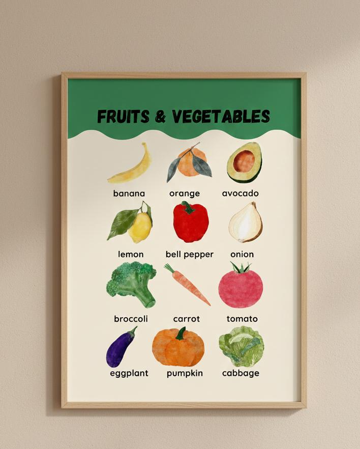 Fruits & Vegetables Poster Rolled Posters | Kitchen Produce Wall Art | Cheerful Watercolor Fruits and Vegetables Rolled Poster