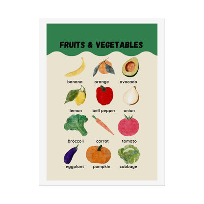 Fruits & Vegetables Poster Rolled Posters | Kitchen Produce Wall Art | Cheerful Watercolor Fruits and Vegetables Rolled Poster