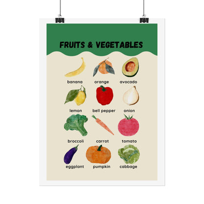 Fruits & Vegetables Poster Rolled Posters | Kitchen Produce Wall Art | Cheerful Watercolor Fruits and Vegetables Rolled Poster
