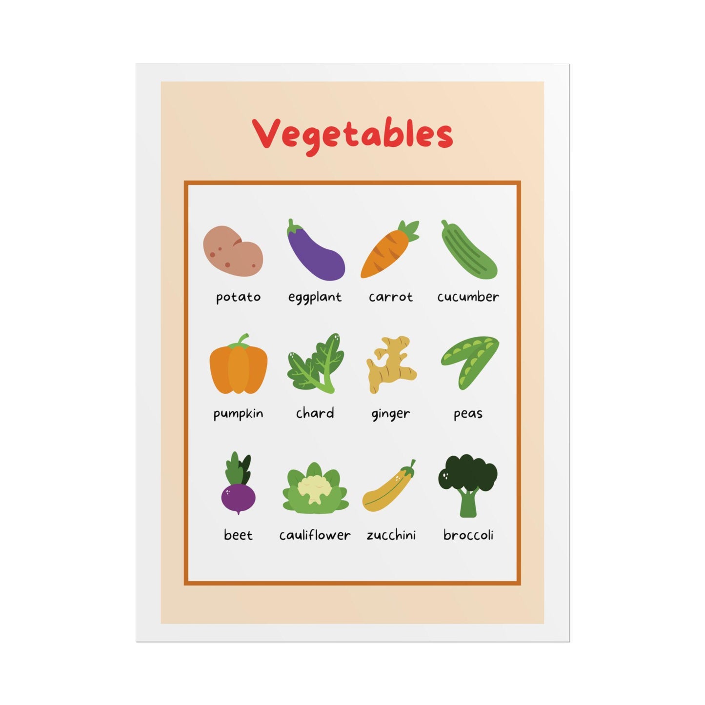 Vegetables educational poster Rolled Poster | Kids kitchen nursery print | Bright, Playful Vegetable Poster