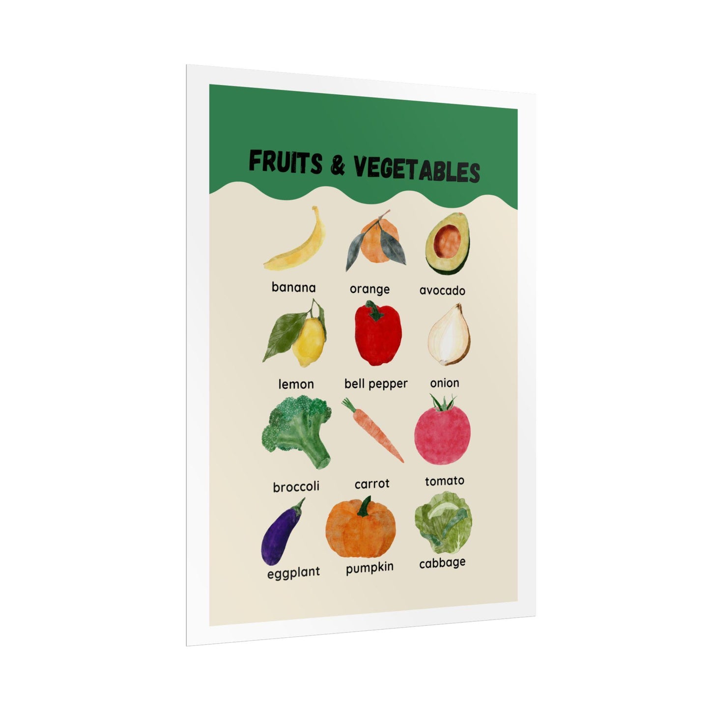 Fruits & Vegetables Poster Rolled Posters | Kitchen Produce Wall Art | Cheerful Watercolor Fruits and Vegetables Rolled Poster