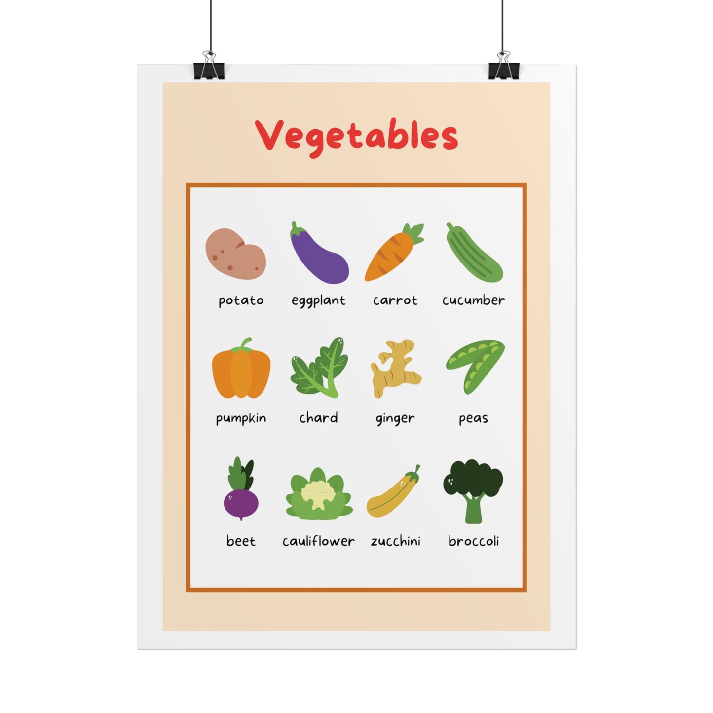 Vegetables educational poster Rolled Poster | Kids kitchen nursery print | Bright, Playful Vegetable Poster