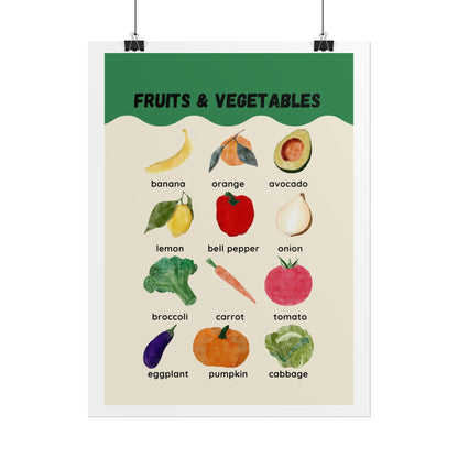 Fruits & Vegetables Poster Rolled Posters | Kitchen Produce Wall Art | Cheerful Watercolor Fruits and Vegetables Rolled Poster