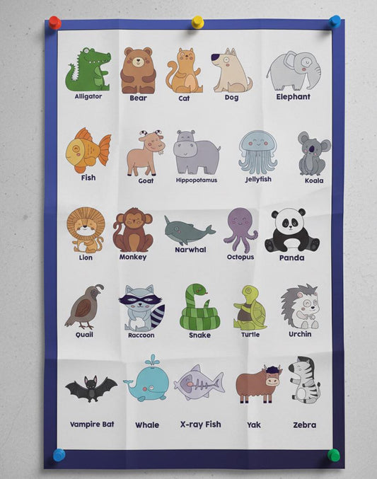 Cute Animal Alphabet Poster Rolled Posters | Nursery Kids Wall Art | Bright, Cheerful Animal Alphabet Poster