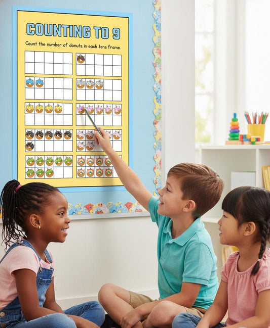 Counting to 9 Donut Ten-Frame Poster | Rolled Poster | Rolled Poster Features Colorful Donut-Themed Ten-Frames