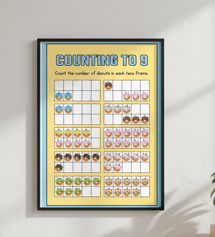 Counting to 9 Donut Ten-Frame Poster | Rolled Poster | Rolled Poster Features Colorful Donut-Themed Ten-Frames
