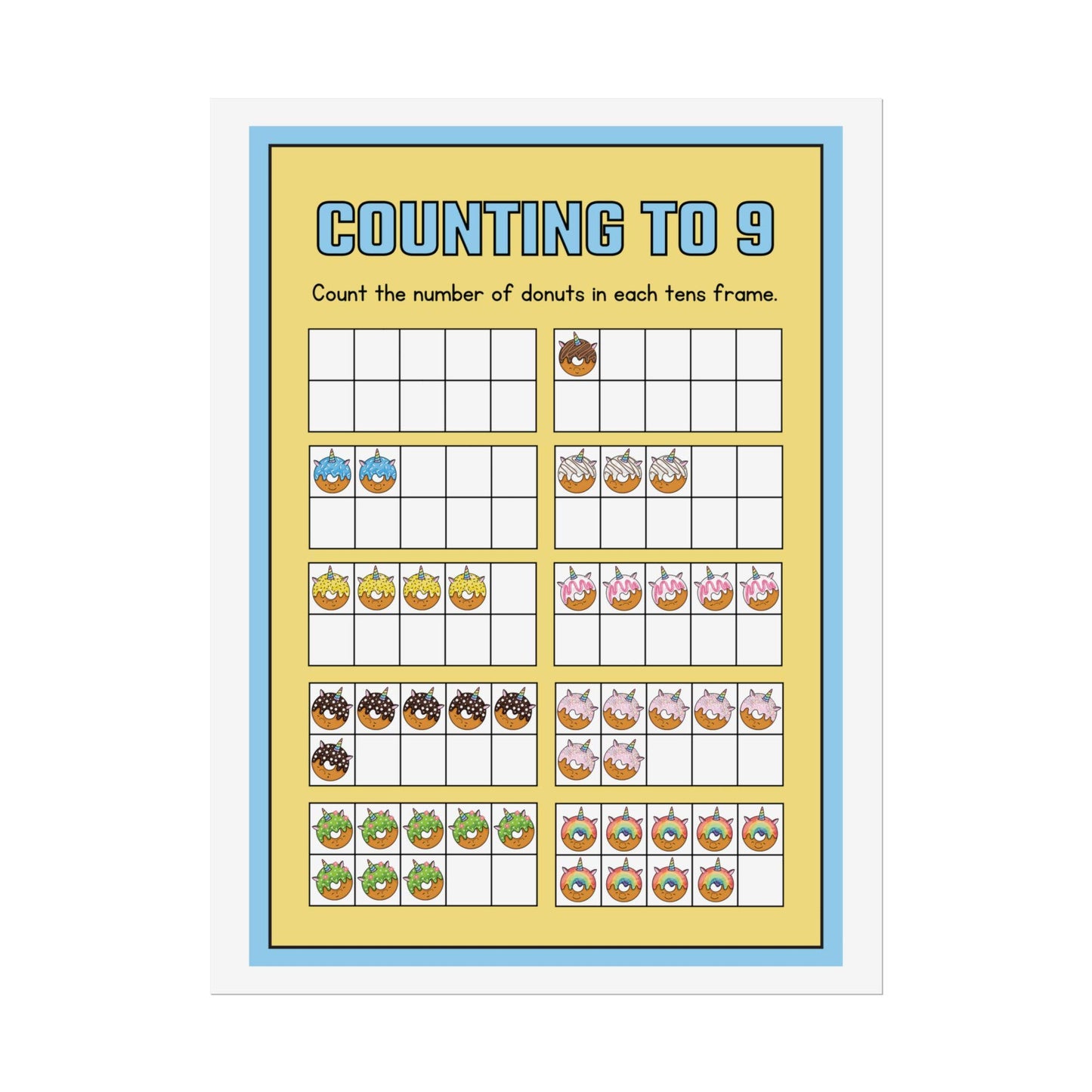 Counting to 9 Donut Ten-Frame Poster | Rolled Poster | Rolled Poster Features Colorful Donut-Themed Ten-Frames