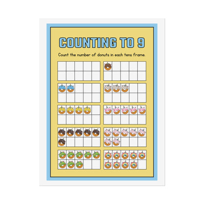 Counting to 9 Donut Ten-Frame Poster | Rolled Poster | Rolled Poster Features Colorful Donut-Themed Ten-Frames