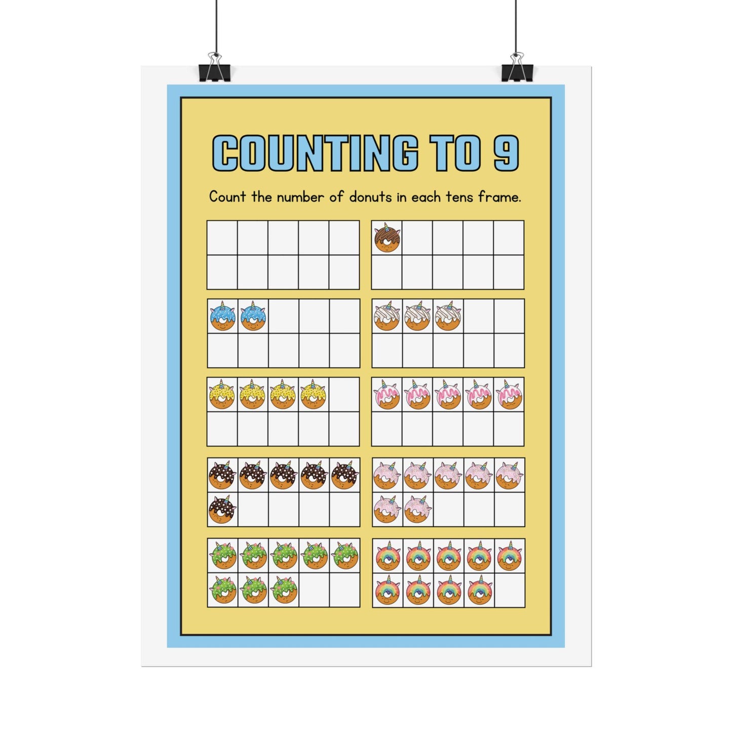 Counting to 9 Donut Ten-Frame Poster | Rolled Poster | Rolled Poster Features Colorful Donut-Themed Ten-Frames