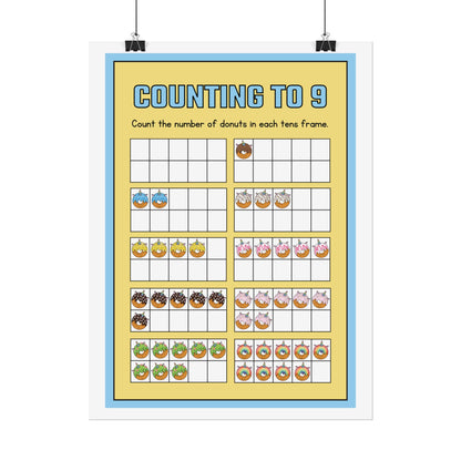 Counting to 9 Donut Ten-Frame Poster | Rolled Poster | Rolled Poster Features Colorful Donut-Themed Ten-Frames