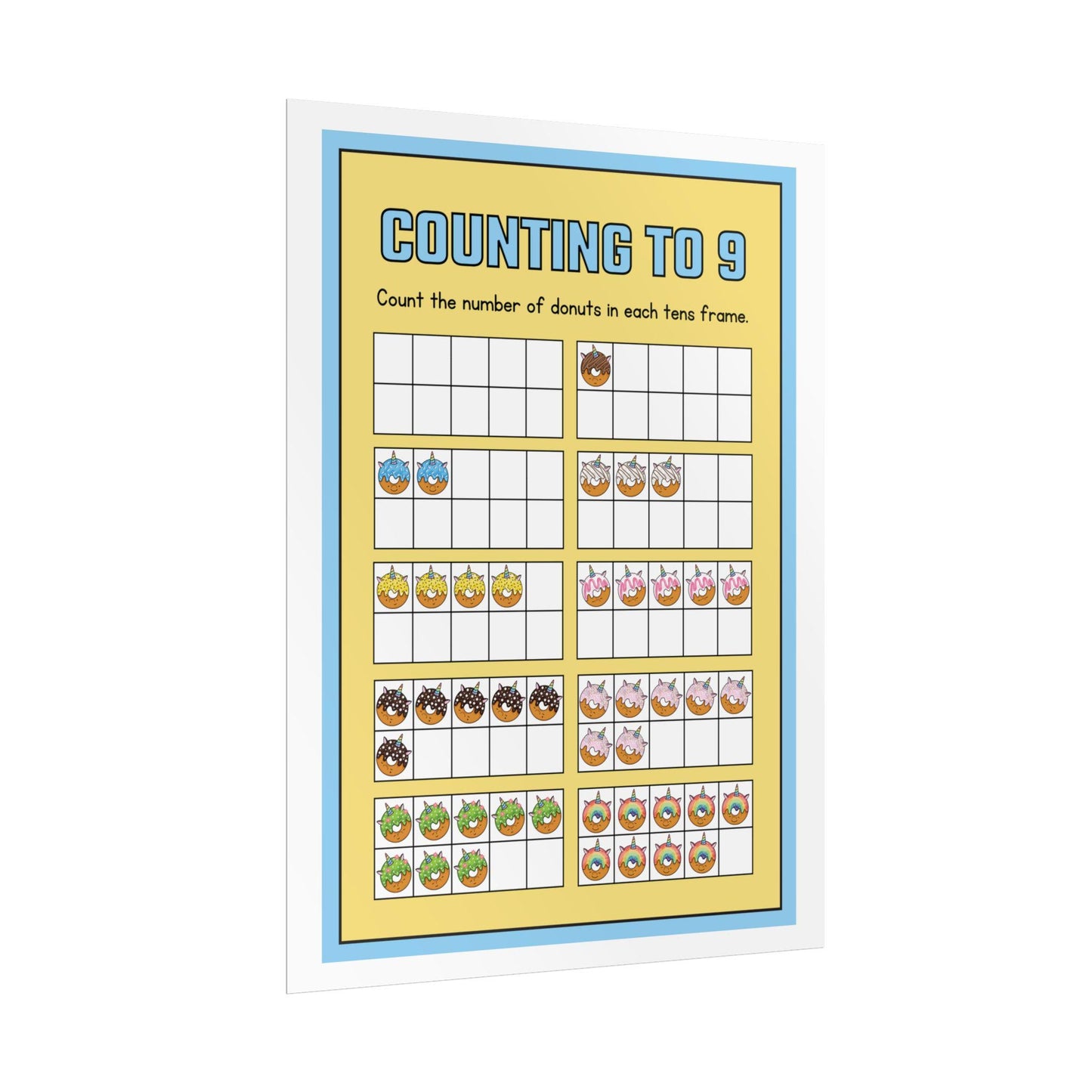 Counting to 9 Donut Ten-Frame Poster | Rolled Poster | Rolled Poster Features Colorful Donut-Themed Ten-Frames
