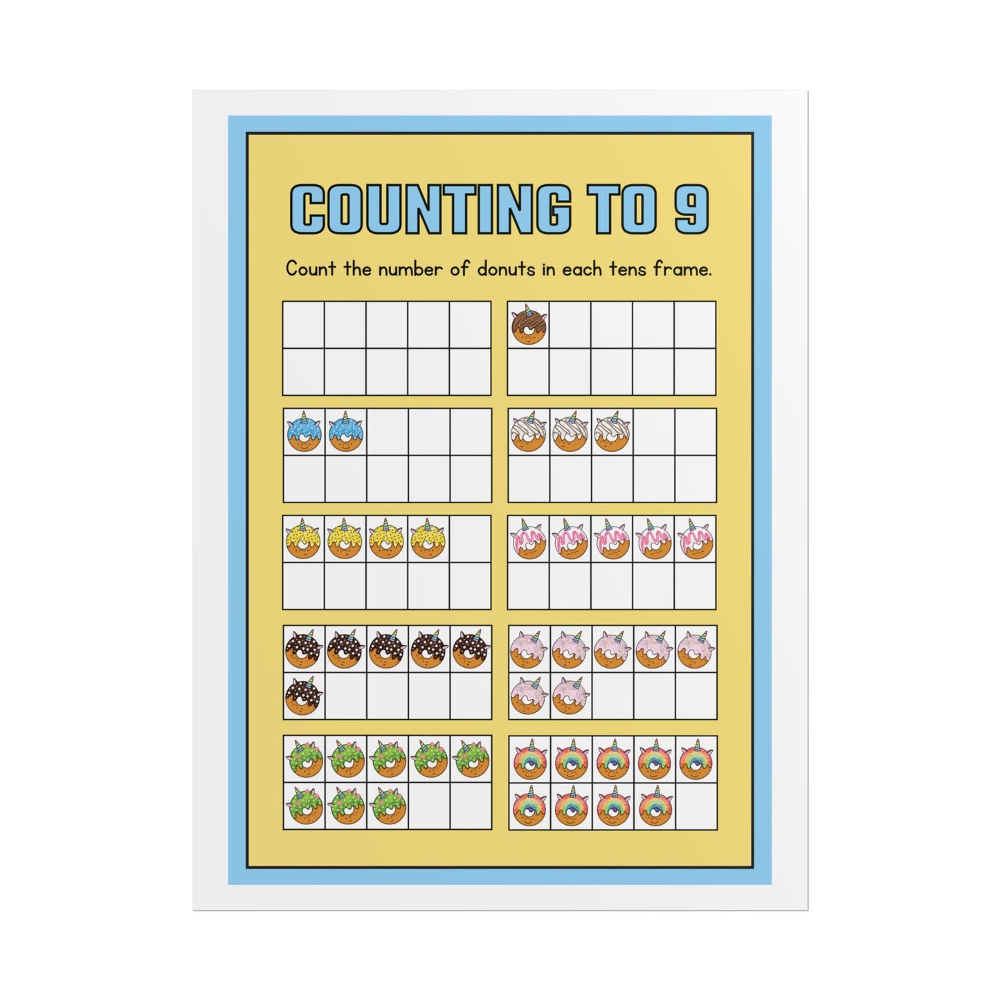 Counting to 9 Donut Ten-Frame Poster | Rolled Poster | Rolled Poster Features Colorful Donut-Themed Ten-Frames