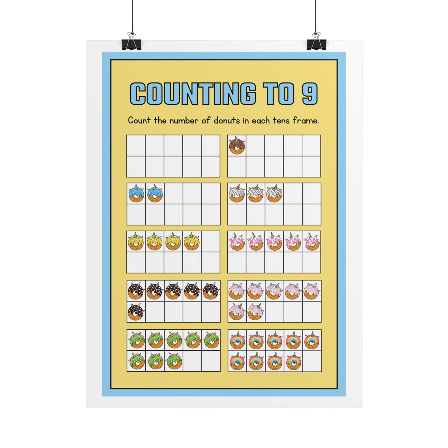 Counting to 9 Donut Ten-Frame Poster | Rolled Poster | Rolled Poster Features Colorful Donut-Themed Ten-Frames