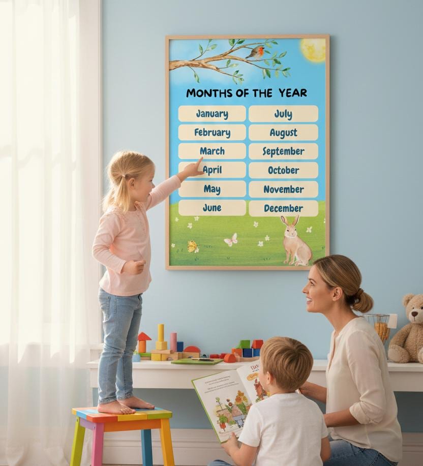 Months of the Year Poster Rolled Posters | Kids Classroom Calendar Wall Art | A Cheery, Educational Poster
