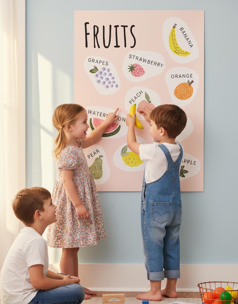 Cute Fruit Illustration Rolled Poster | Fruits Botanical Wall Art | Rolled Poster That Brings A Playful, Modern Fruit Collage