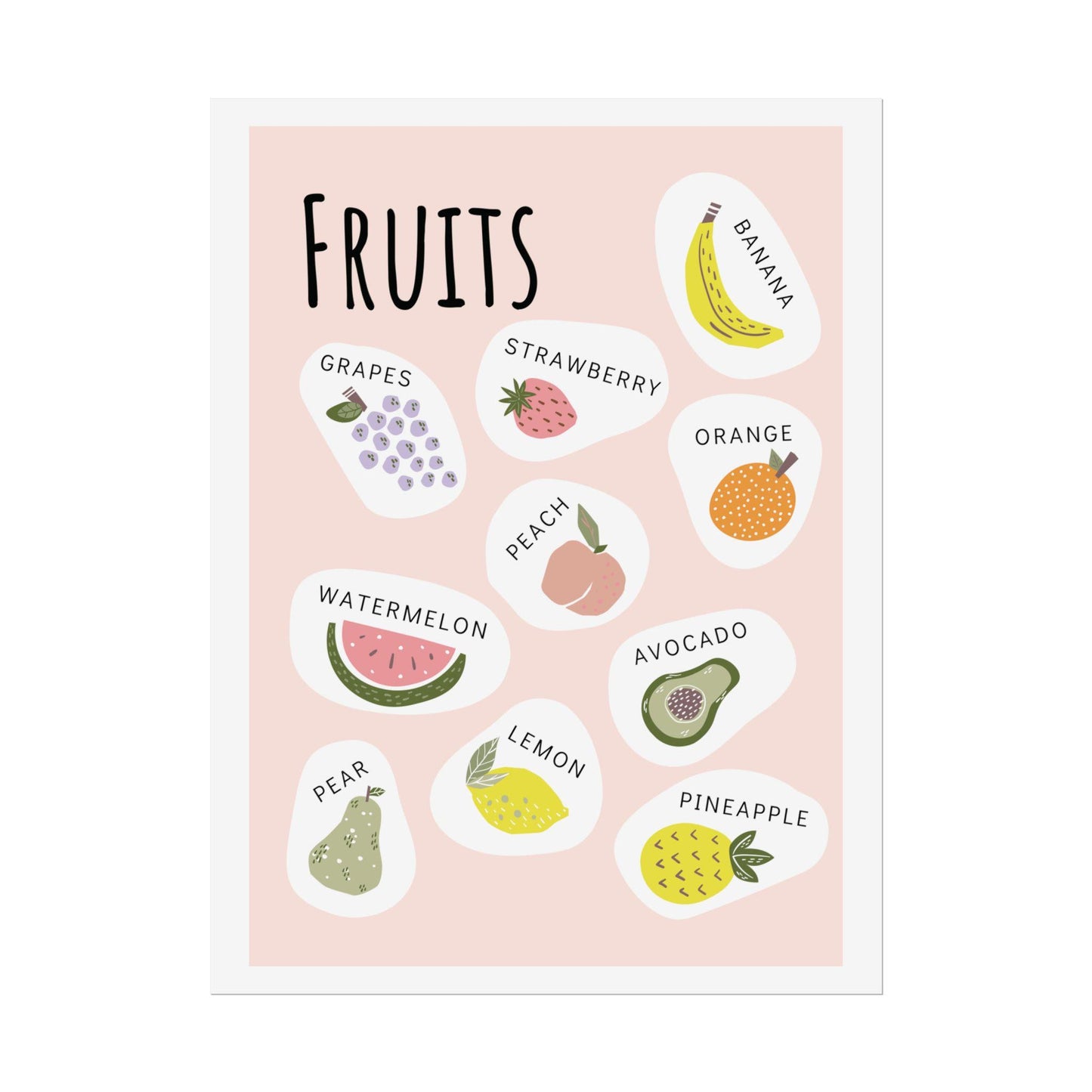 Cute Fruit Illustration Rolled Poster | Fruits Botanical Wall Art | Rolled Poster That Brings A Playful, Modern Fruit Collage