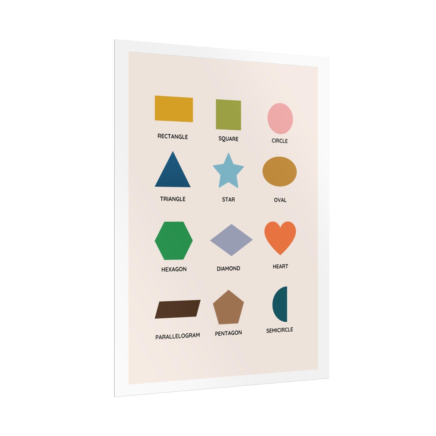 Geometric Shapes Chart Rolled Poster | Rectangle Circle Triangle Star Heart Hexagon | Modern Chart of Simple Shape