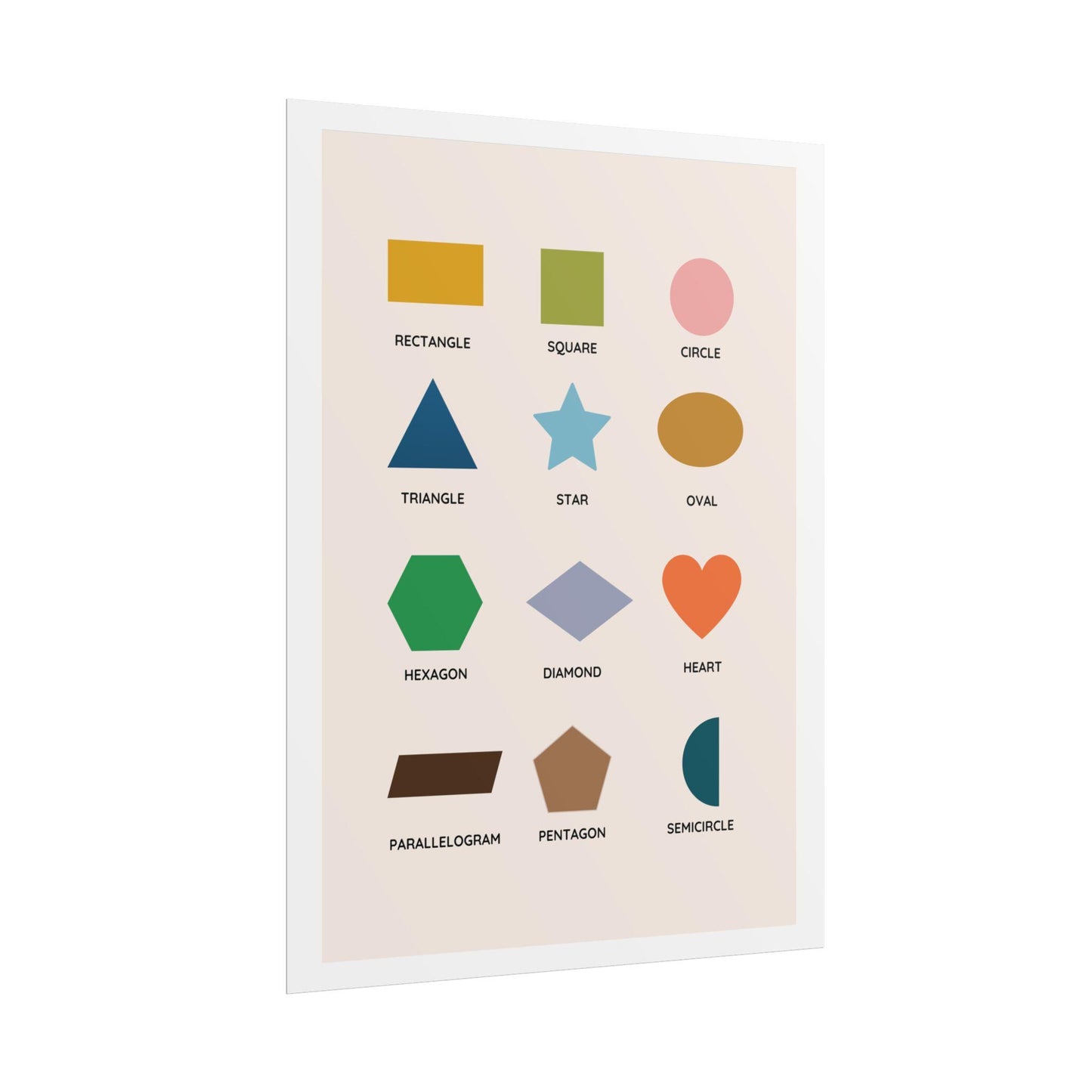 Geometric Shapes Chart Rolled Poster | Rectangle Circle Triangle Star Heart Hexagon | Modern Chart of Simple Shape
