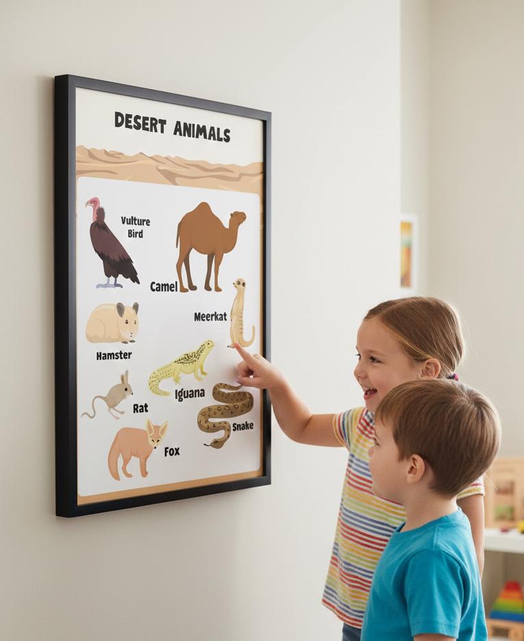 Desert Animals educational Rolled Posters | Kids nursery wall art | Rolled Posters Featuring A Warm, Educational Desert-Animals Illustration