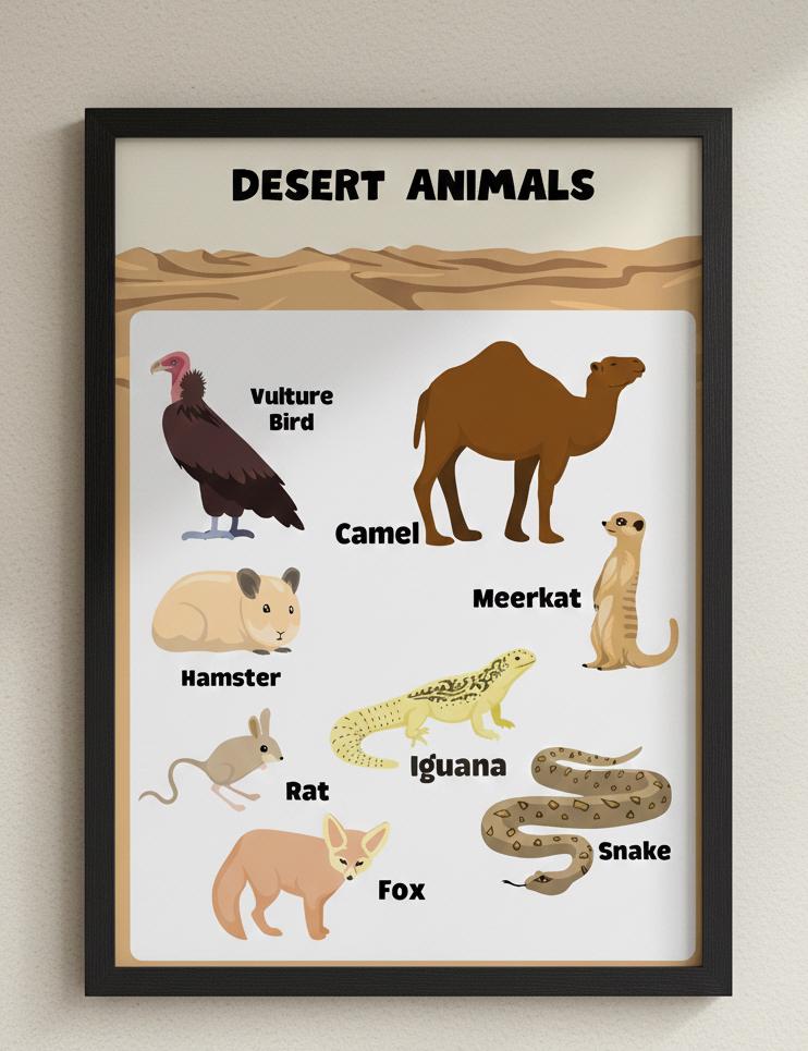 Desert Animals educational Rolled Posters | Kids nursery wall art | Rolled Posters Featuring A Warm, Educational Desert-Animals Illustration