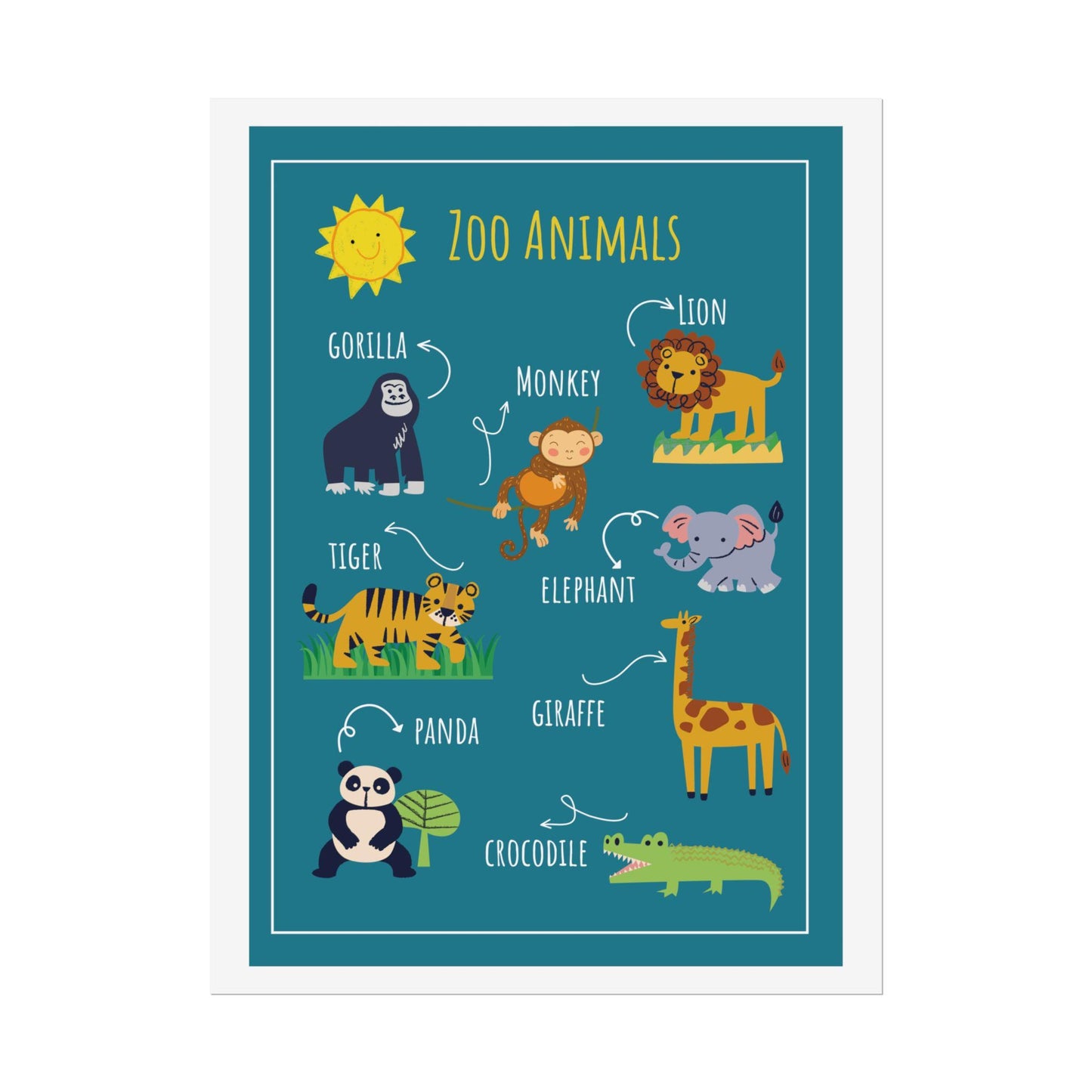 Zoo Animals Poster rolled poster | nursery wall art, kids animal print | Cheerful Illustrated Animals Poster