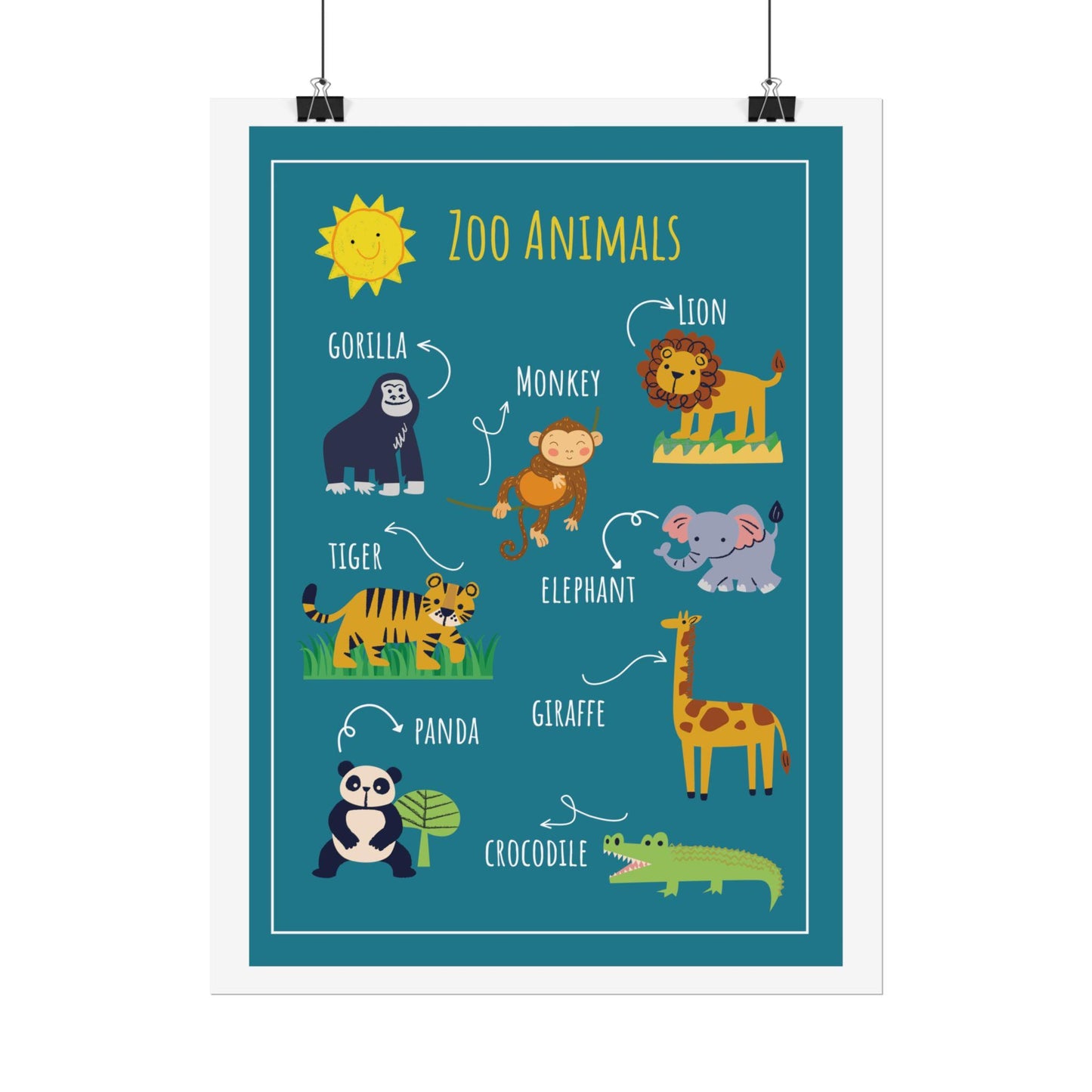 Zoo Animals Poster rolled poster | nursery wall art, kids animal print | Cheerful Illustrated Animals Poster
