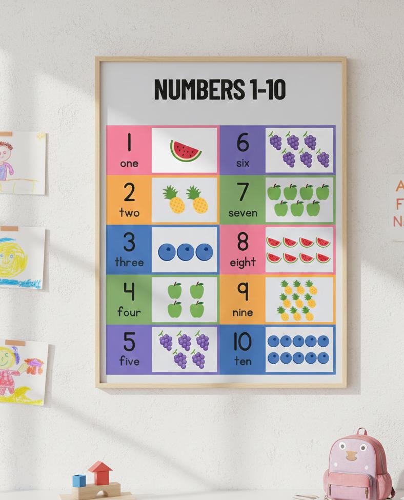 Numbers 1-10 Educational Poster Rolled Posters | Counting Chart for Kids | Numbers 1 to 10 With Colorful Fruit Illustrations Poster