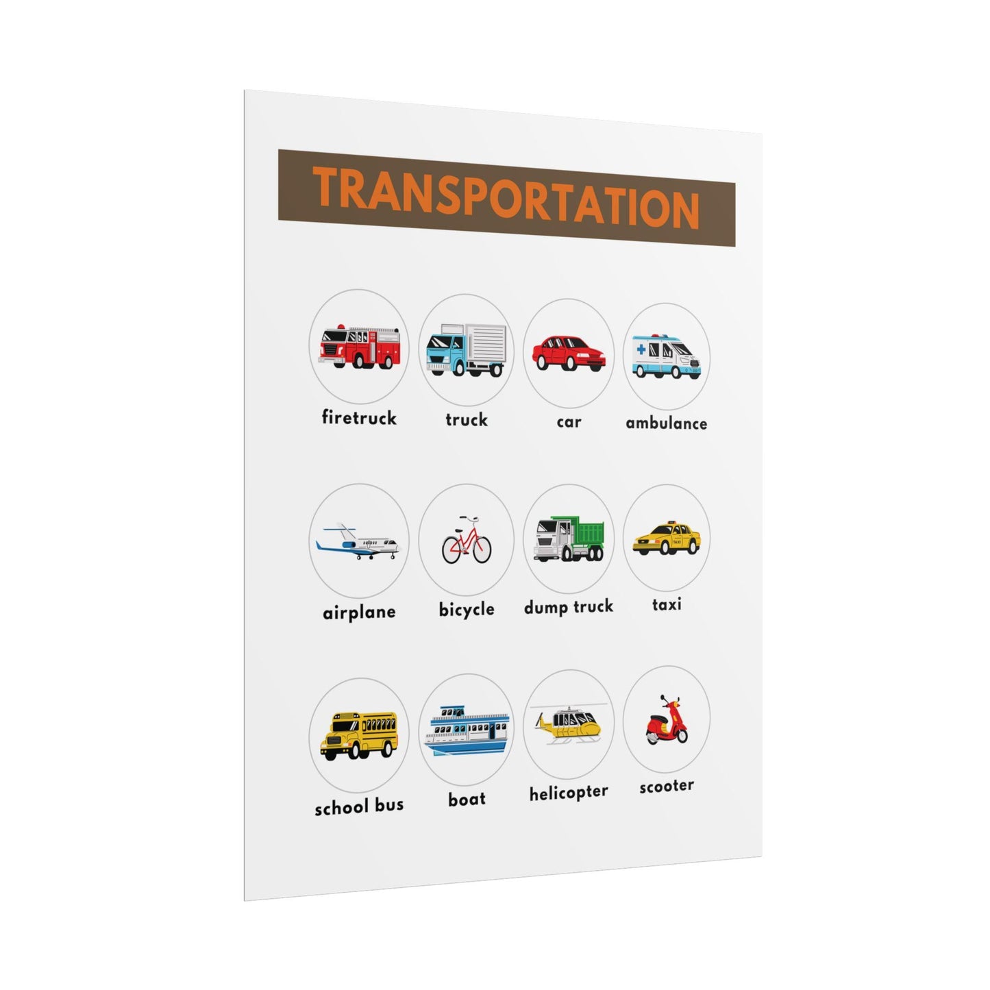 Transportation Vehicles Poster rolled poster | kids nursery classroom wall art | Transportation Poster